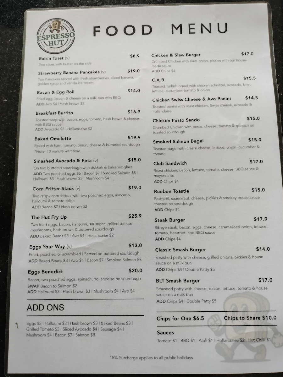 Menu, Espresso Hut