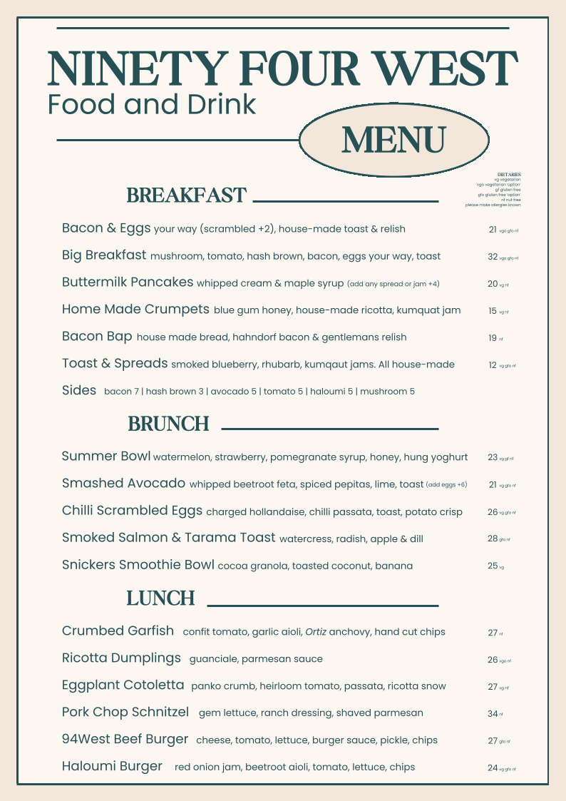 Menu, 94 West