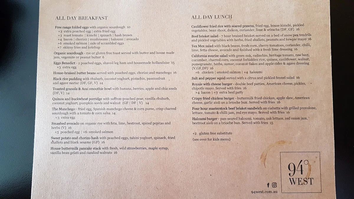 Menu, 94 West