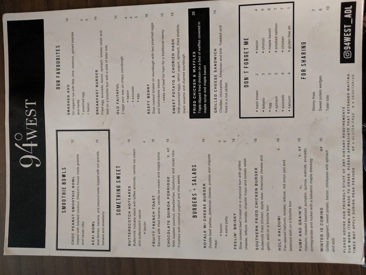 Menu, 94 West