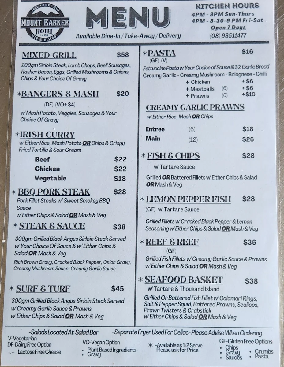 Menu, Mount Barker Hotel Bar & Bistro