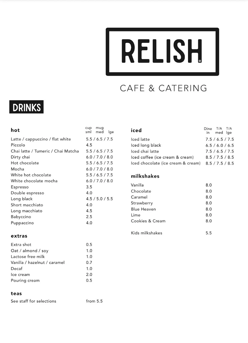 Menu, Relish Cafe & Catering