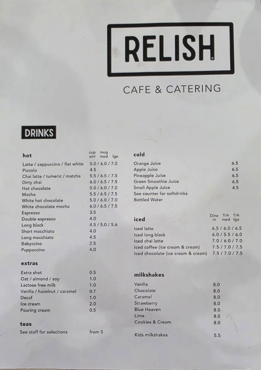 Menu, Relish Cafe & Catering