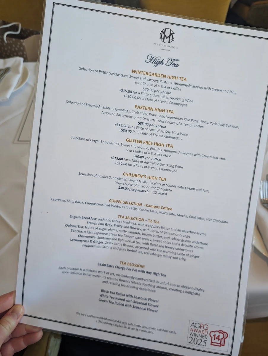 Menu, The Wintergarden Restaurant at Hydro Majestic