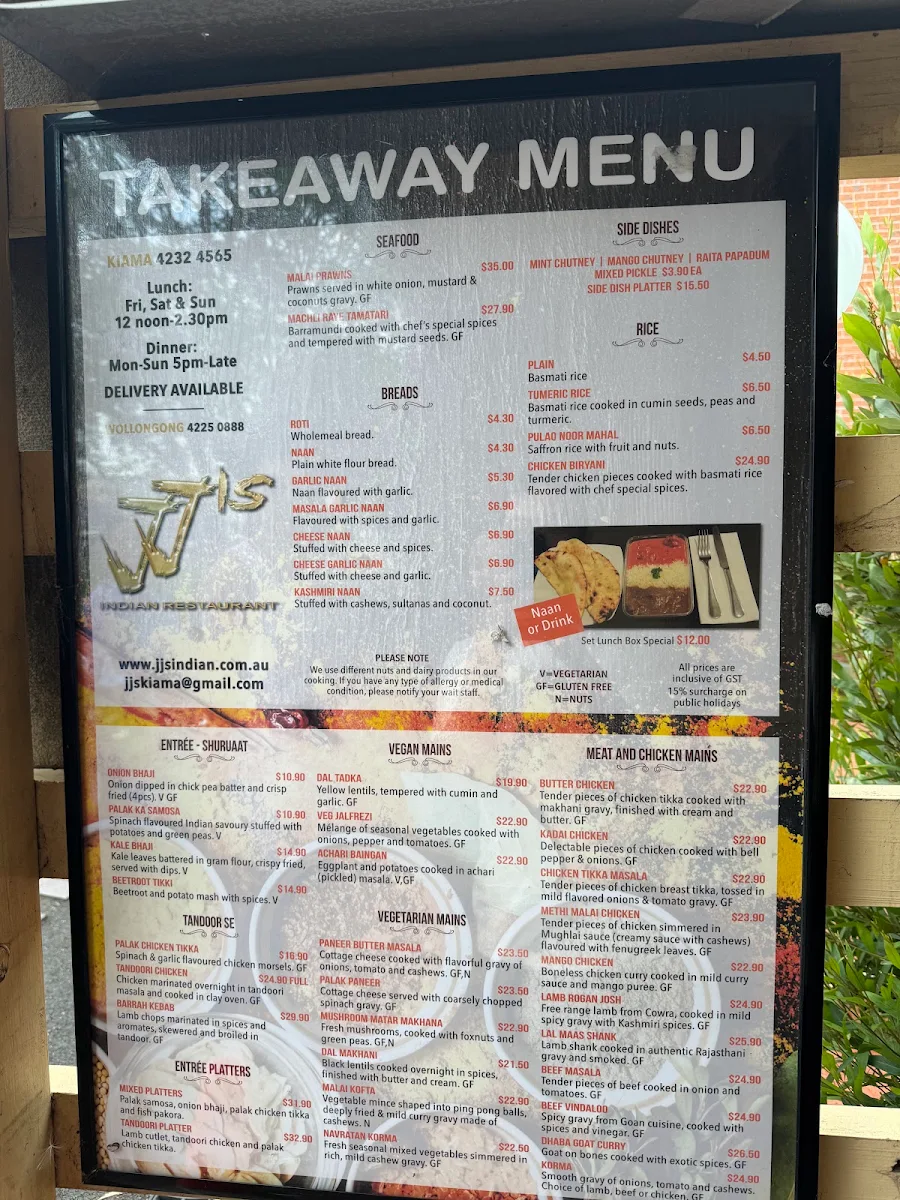 Menu, JJ's Indian Restaurant Kiama