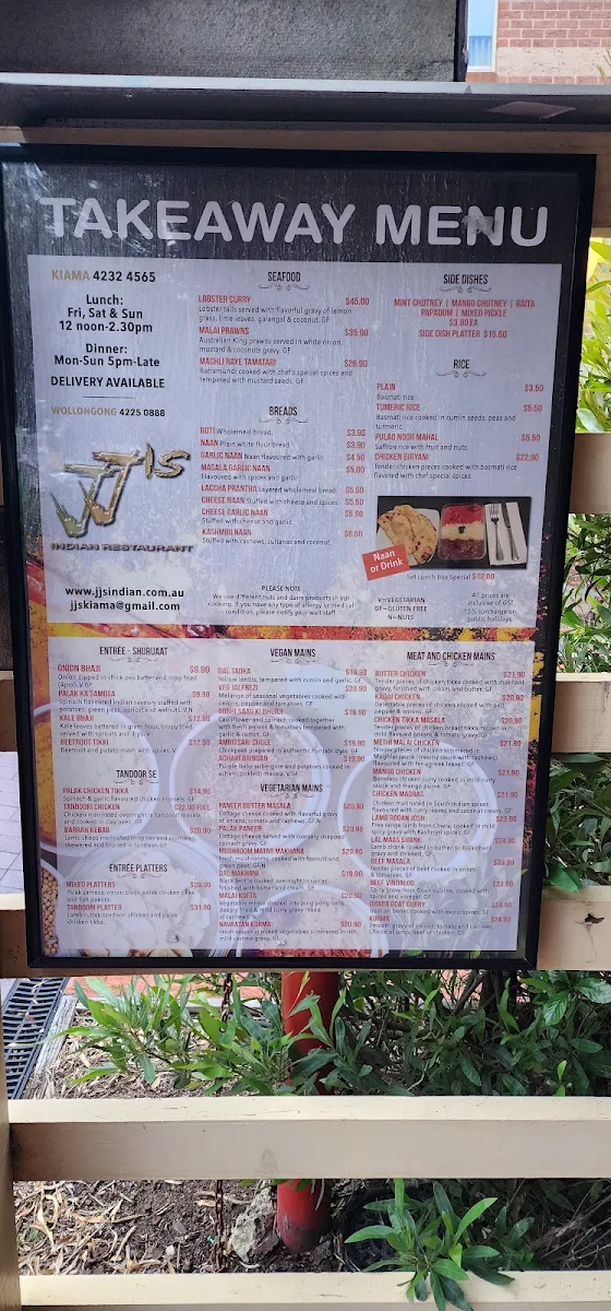Menu, JJ's Indian Restaurant Kiama