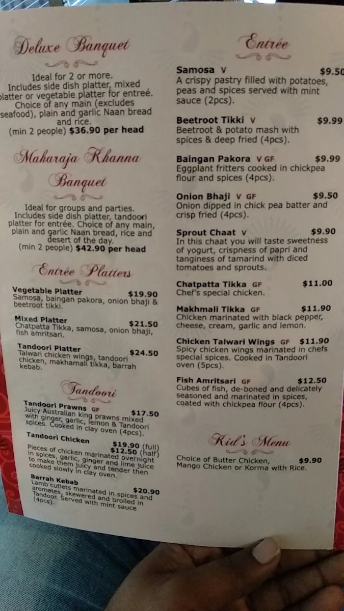 Menu, JJ's Indian Restaurant Kiama