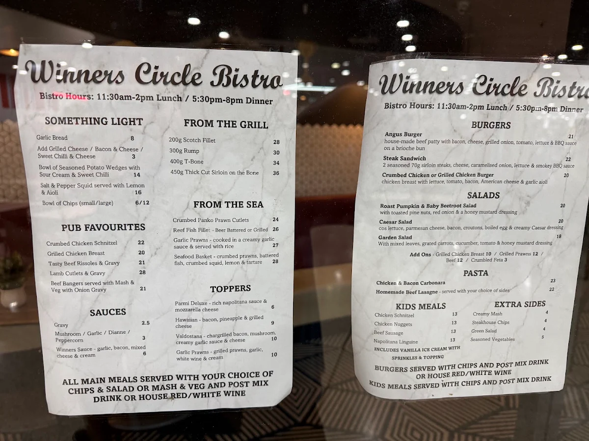 Menu, Winners Circle