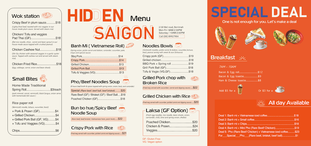 Menu, Hidden Saigon in Berrimah