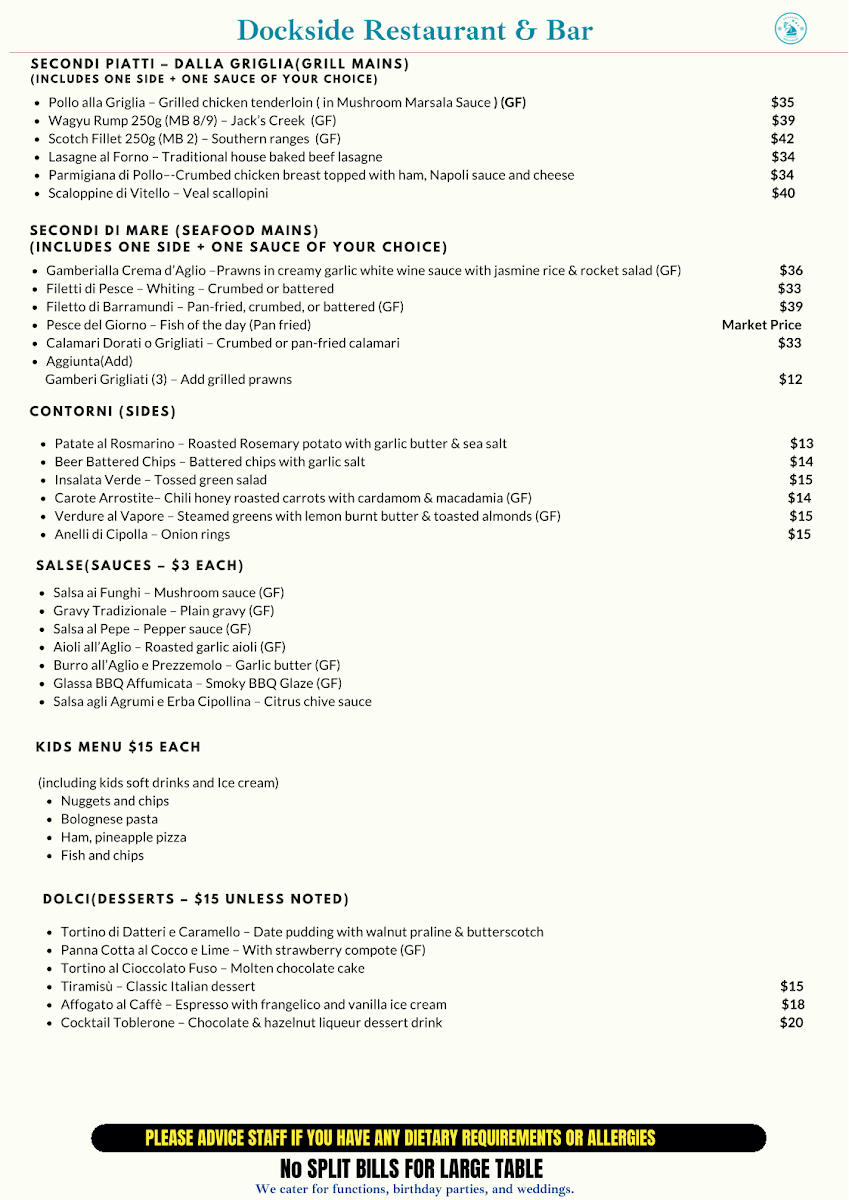 Menu, Dockside Restaurant & Bar