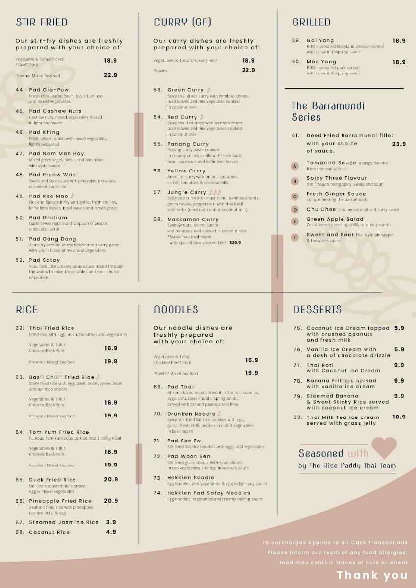 Menu, The Rice Paddy Thai