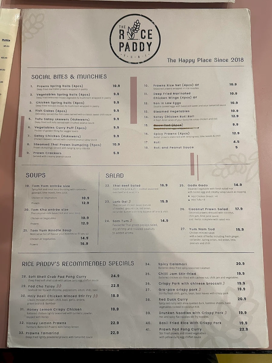 Menu, The Rice Paddy Thai