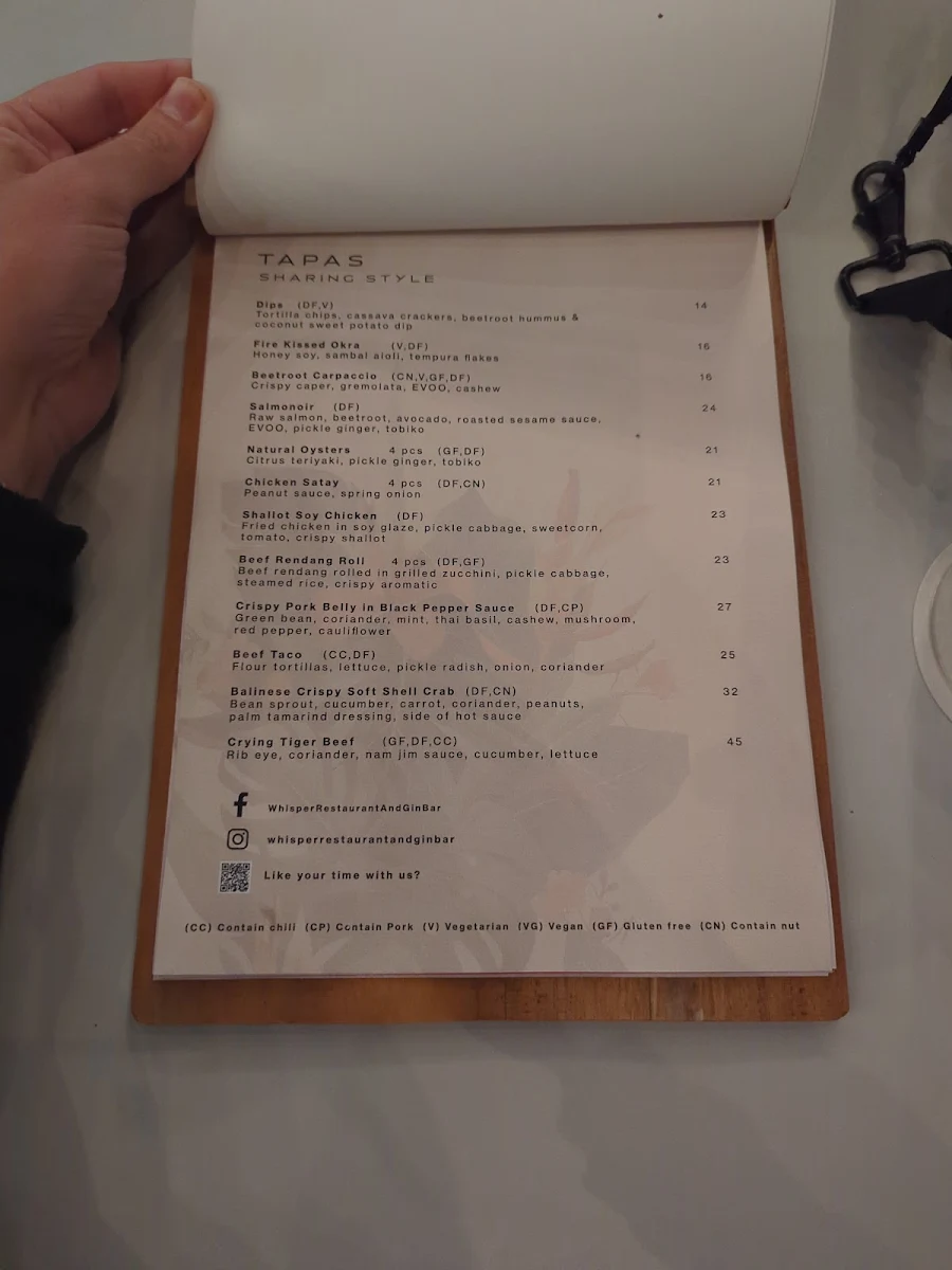 Menu, Whisper Restaurant And Gin Bar