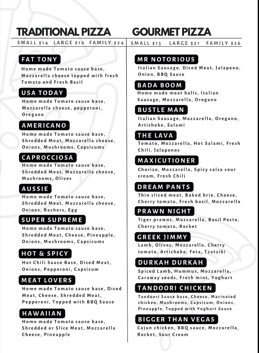 Menu, Hustle Gourmet Pizza