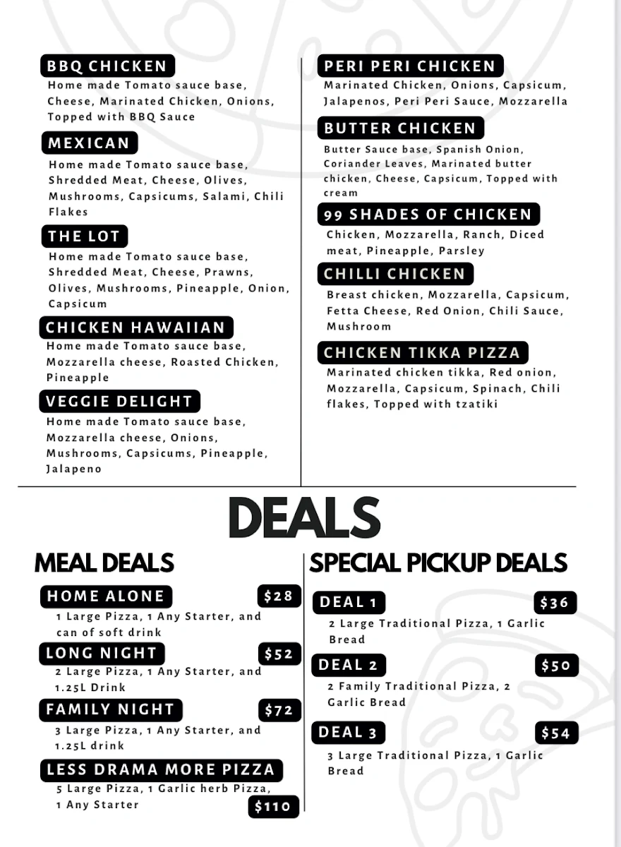 Menu, Hustle Gourmet Pizza