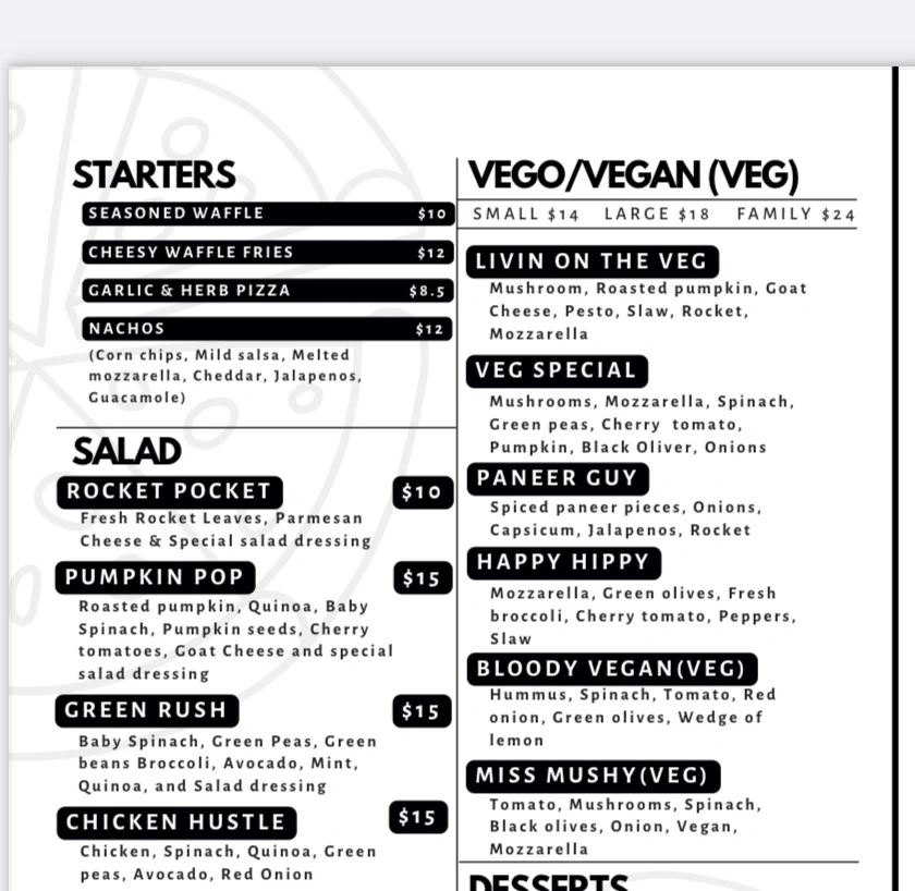 Menu, Hustle Gourmet Pizza