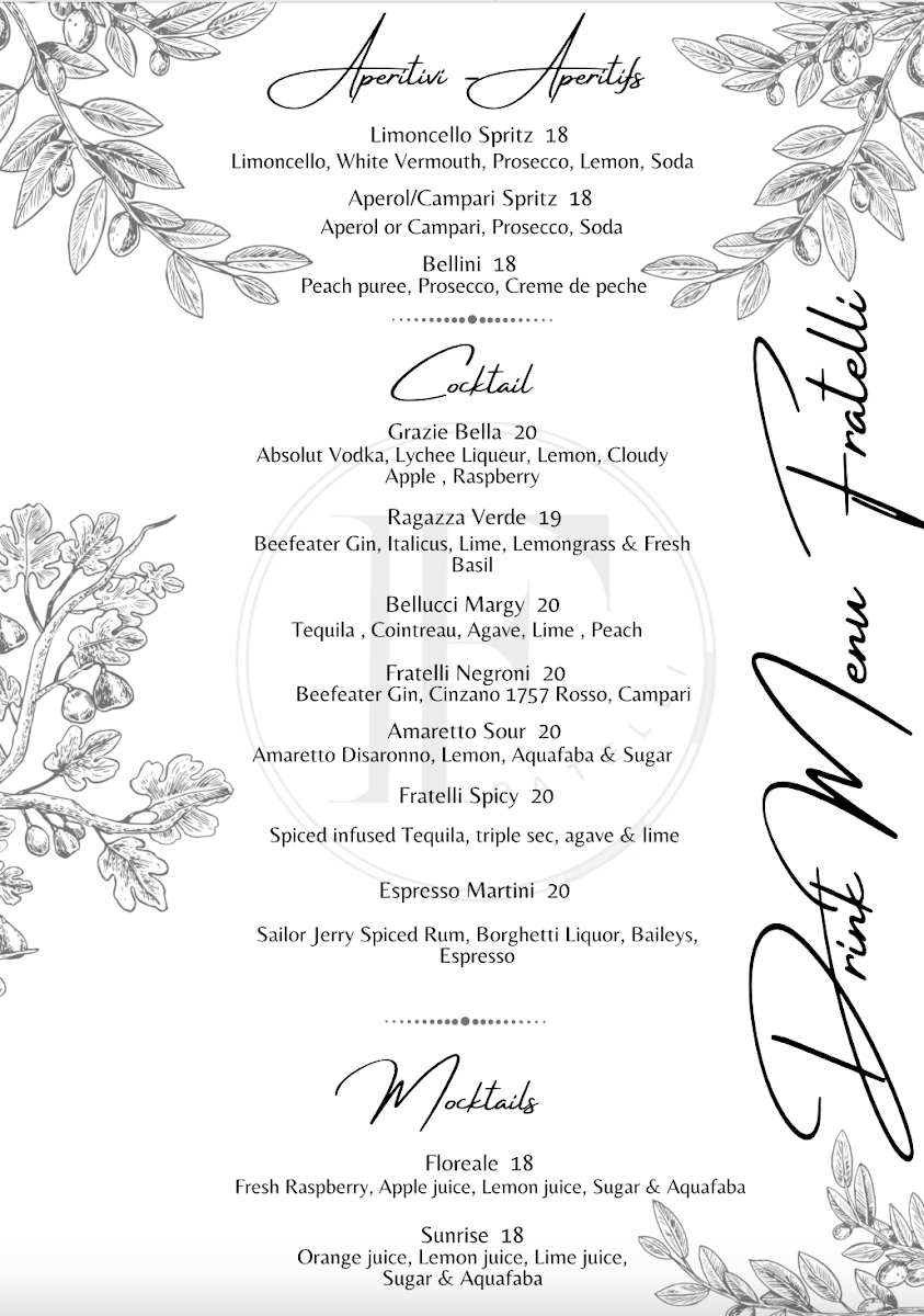 Menu, Fratelli Restaurant Paddington