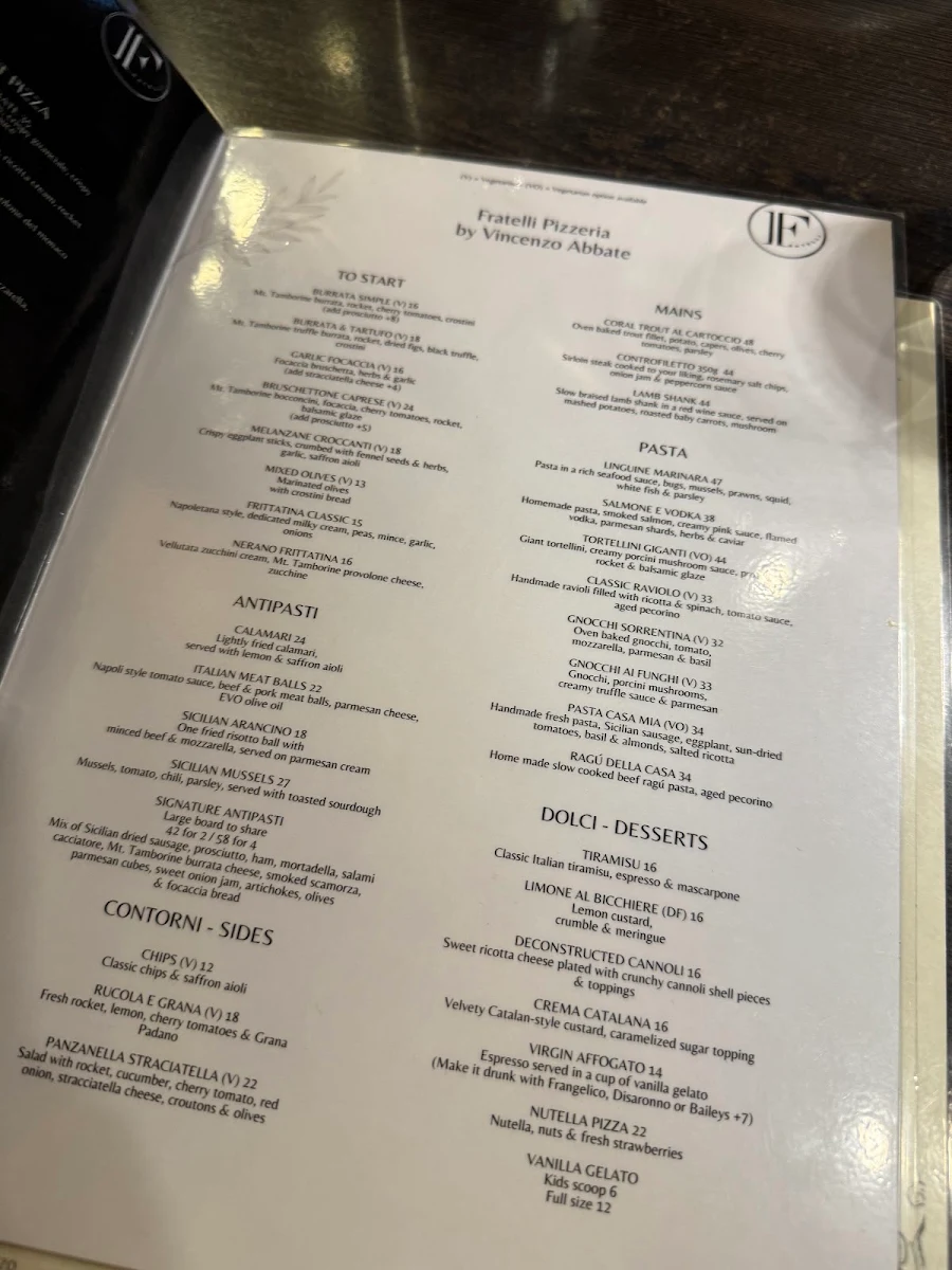 Menu, Fratelli Restaurant Paddington