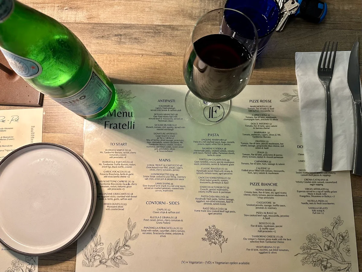 Menu, Fratelli Restaurant Paddington
