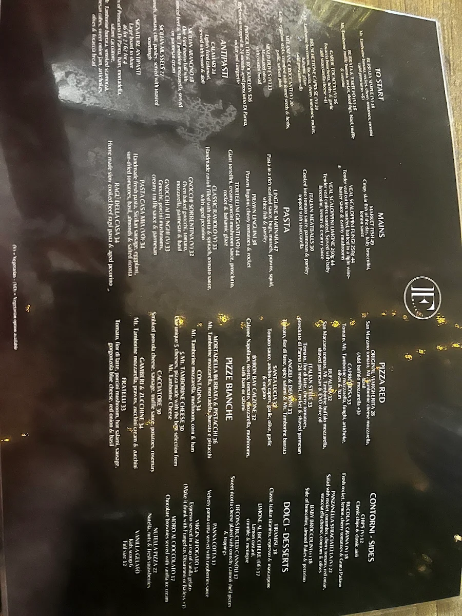 Menu, Fratelli Restaurant Paddington