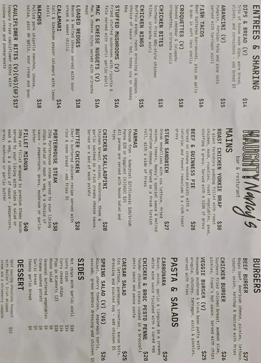 Menu, Naughty Nancy's