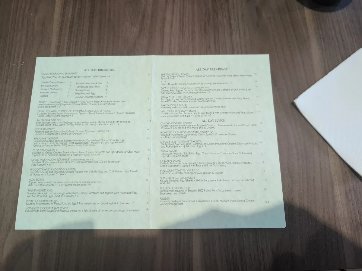 Menu, Shaw St Espresso