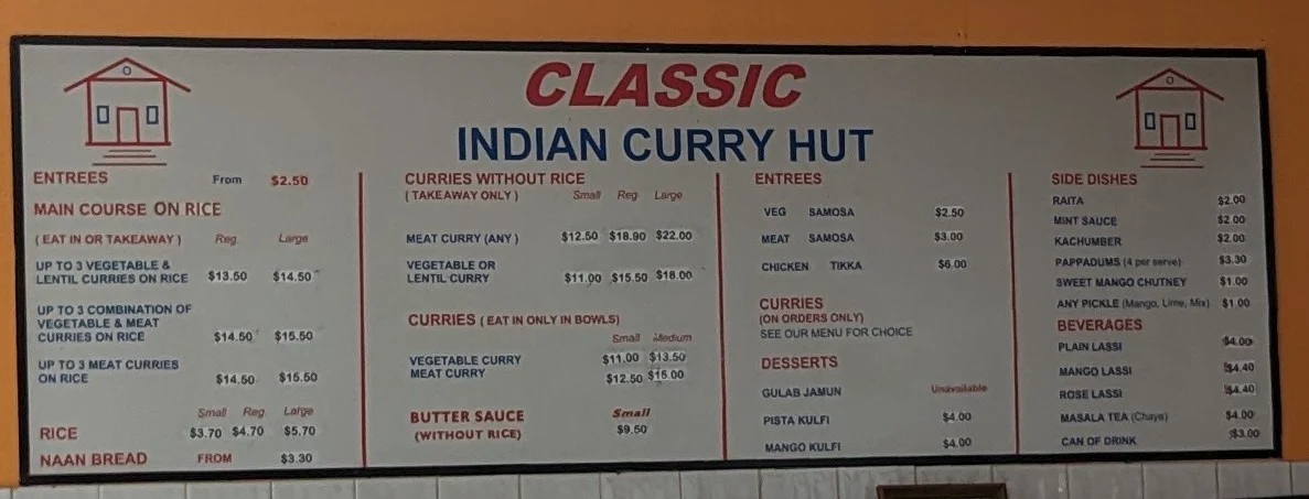 Menu, Classic Indian Curry Hut