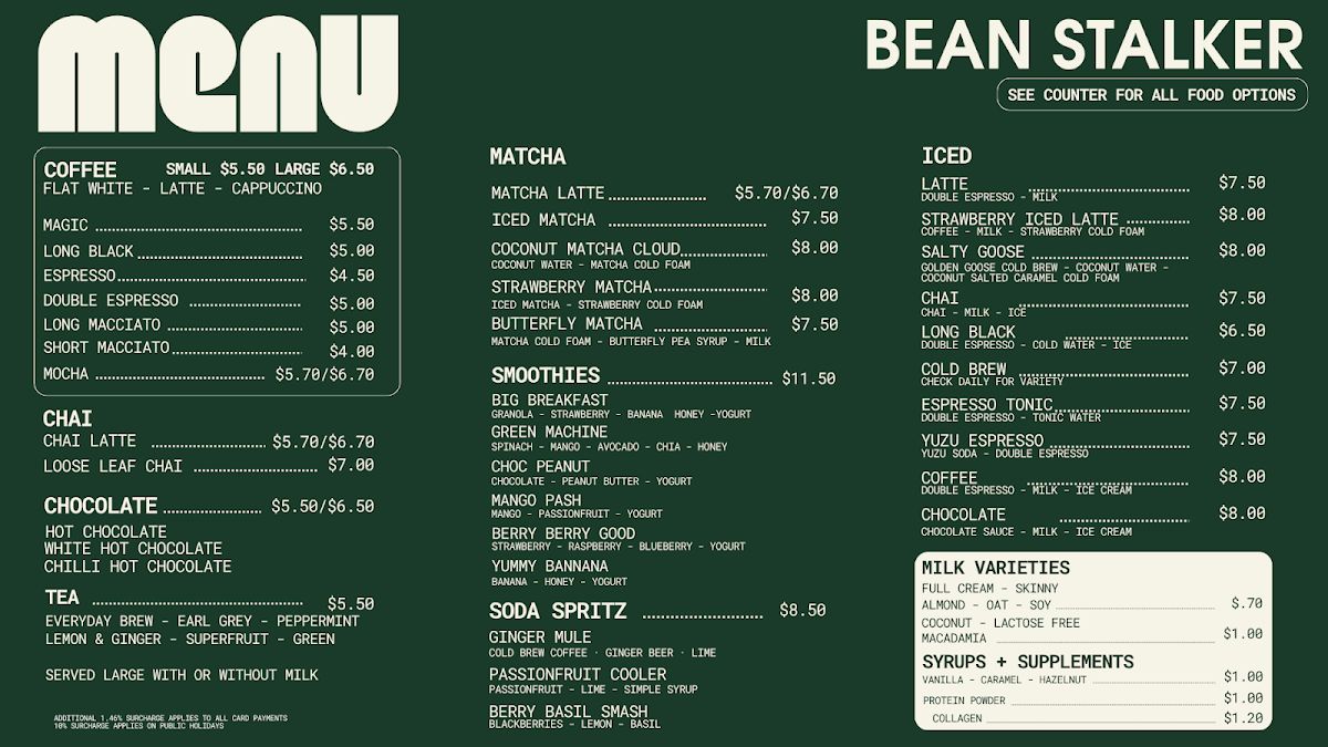 Menu, Bean Stalker