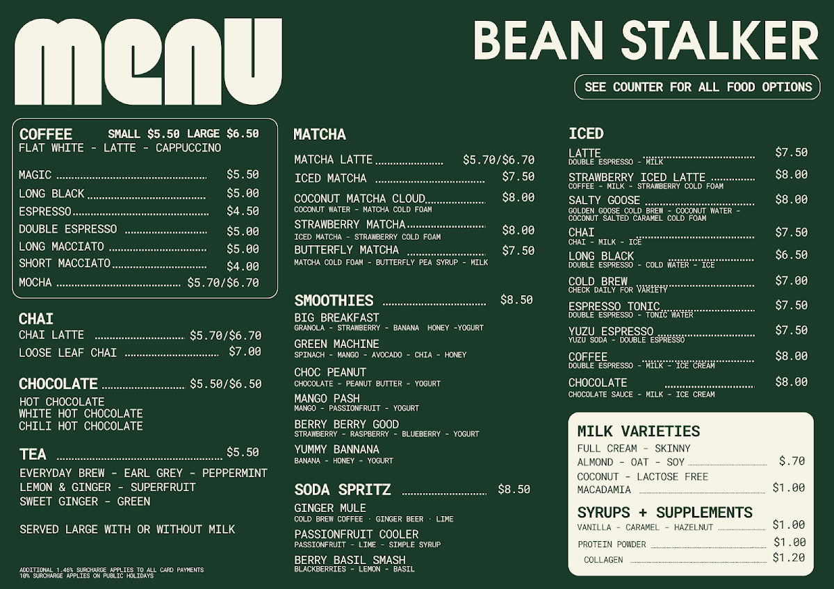 Menu, Bean Stalker
