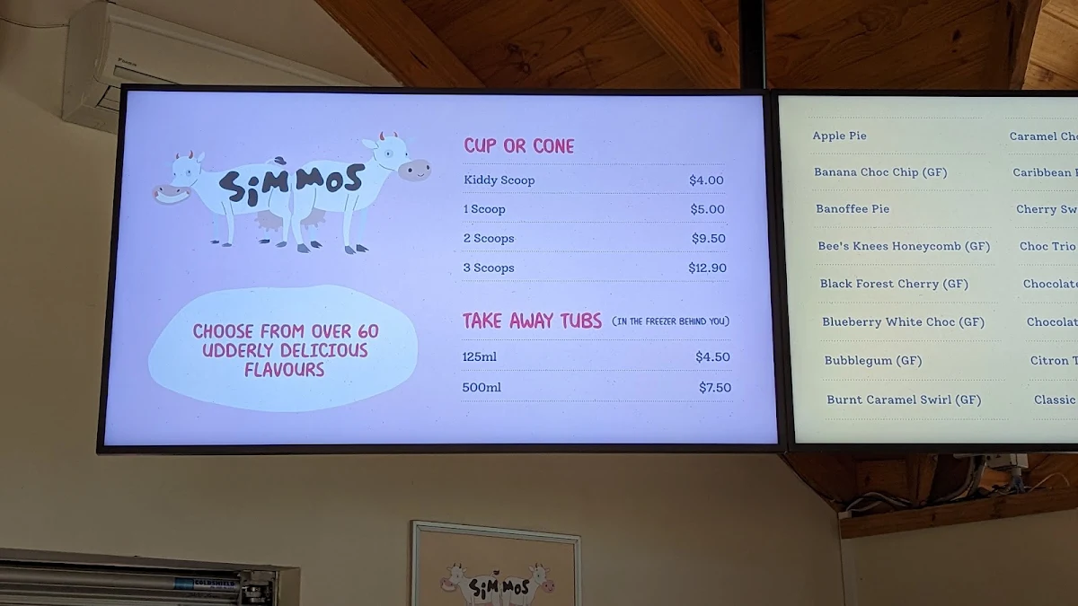 Menu, Simmos Ice Creamery