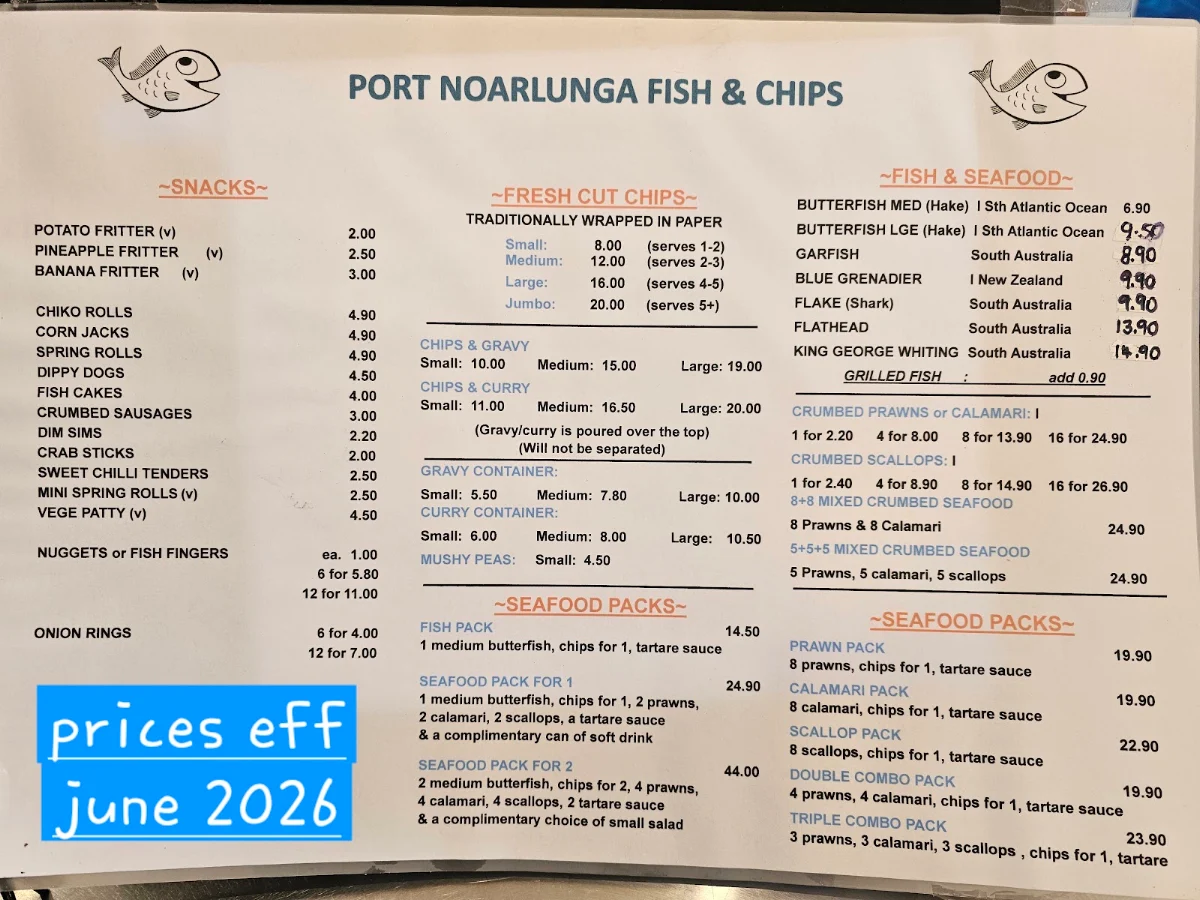Menu, Port Noarlunga Fish & Chips