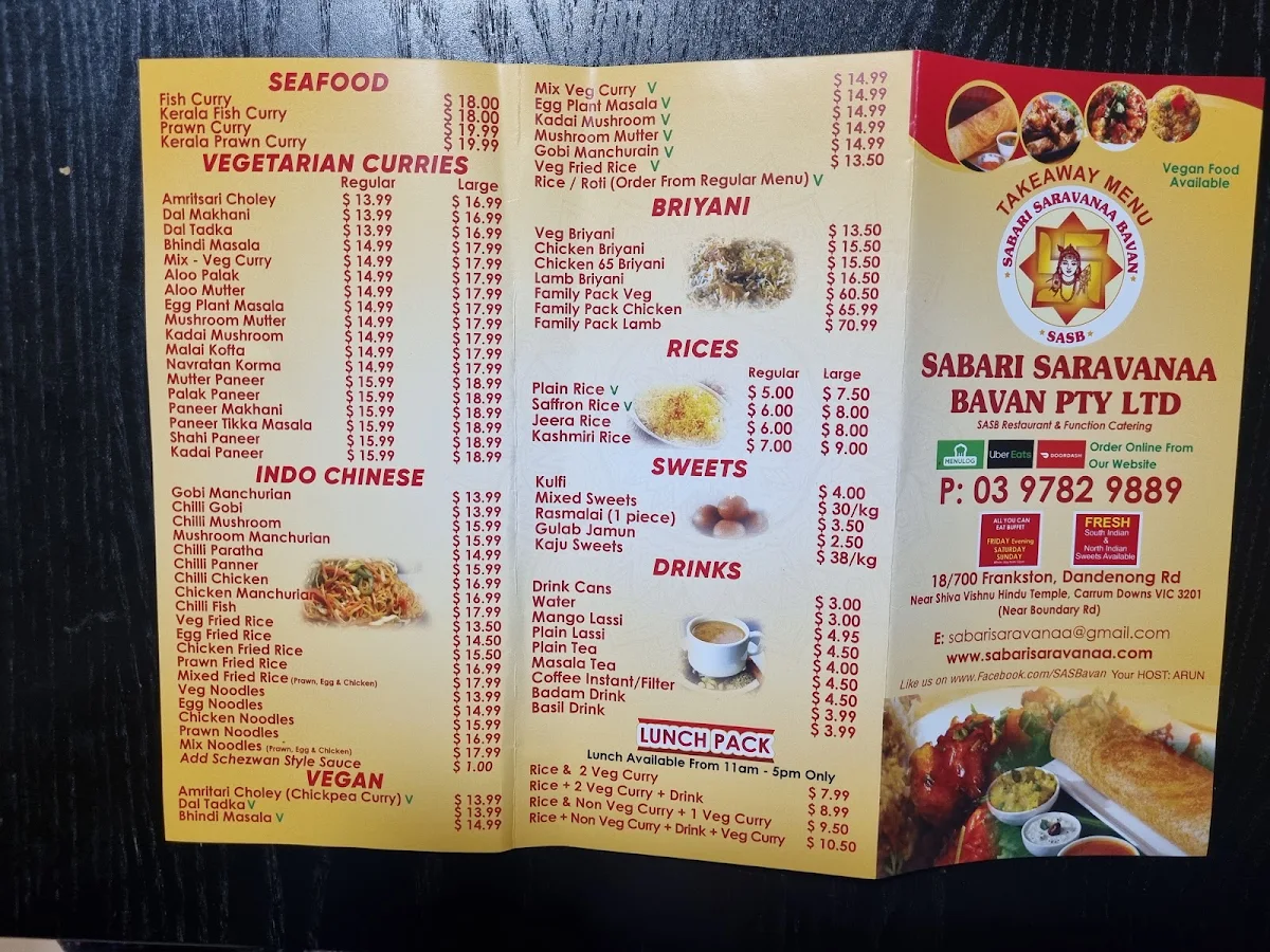 Menu, Sabari Saravanaa Bavan