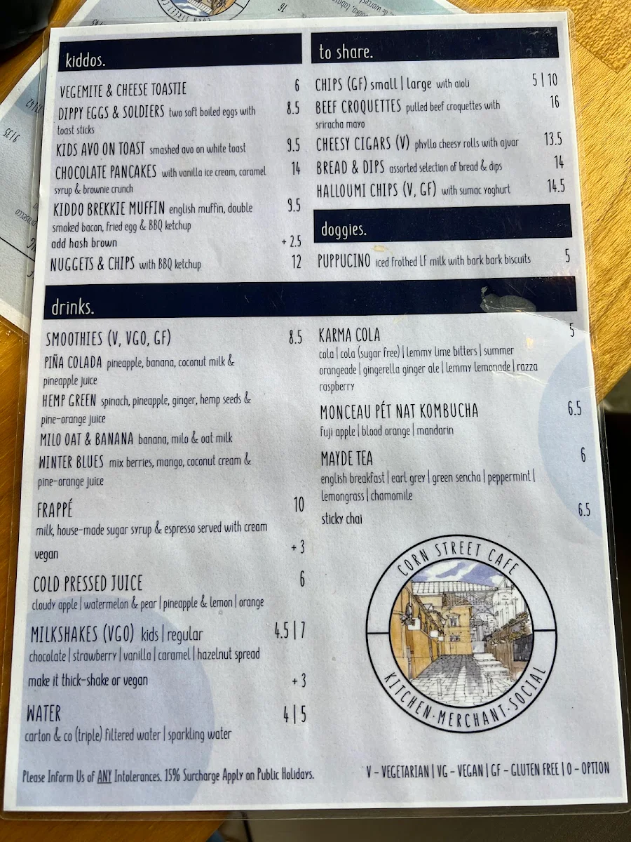 Menu, Corn Street