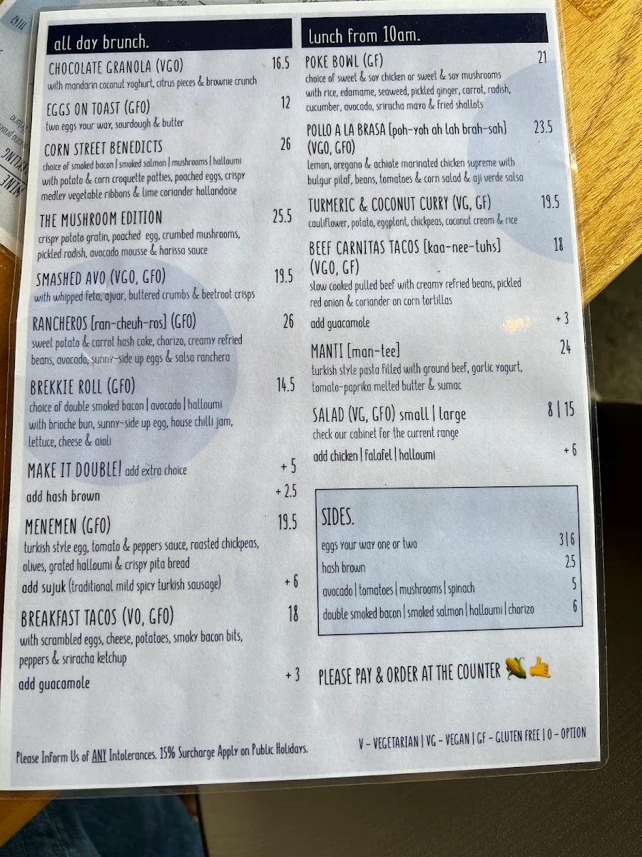 Menu, Corn Street
