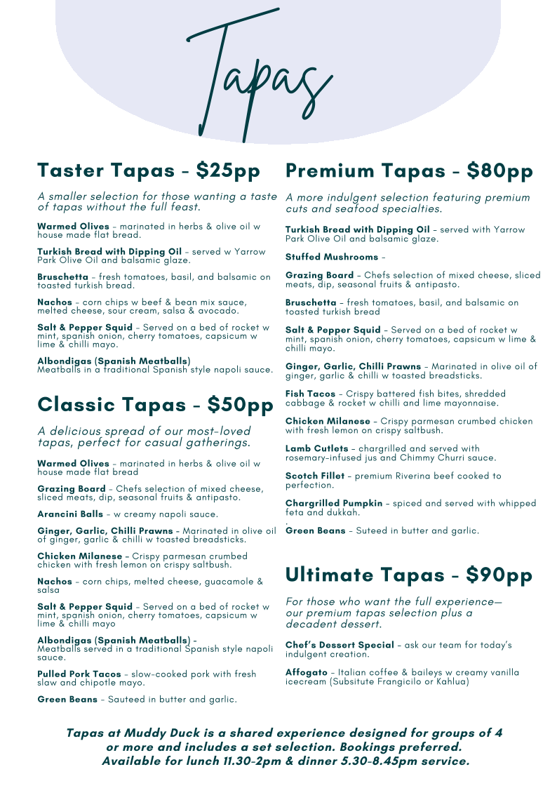 Menu, Muddy Duck Tapas & Events