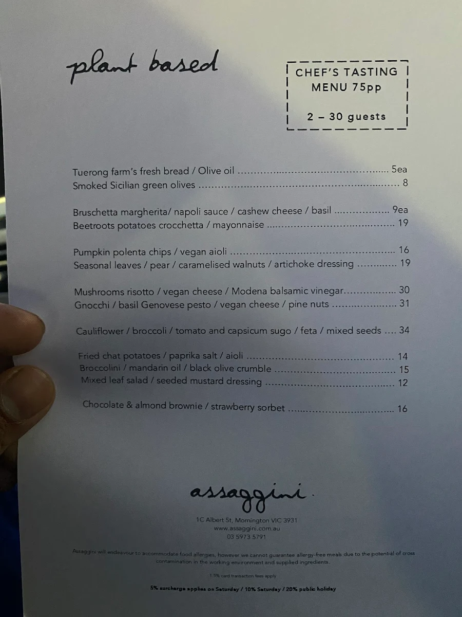 Menu, Assaggini Wine Bar & Restaurant
