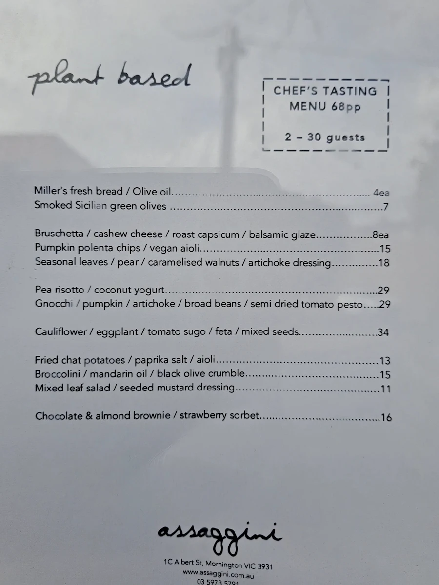 Menu, Assaggini Wine Bar & Restaurant