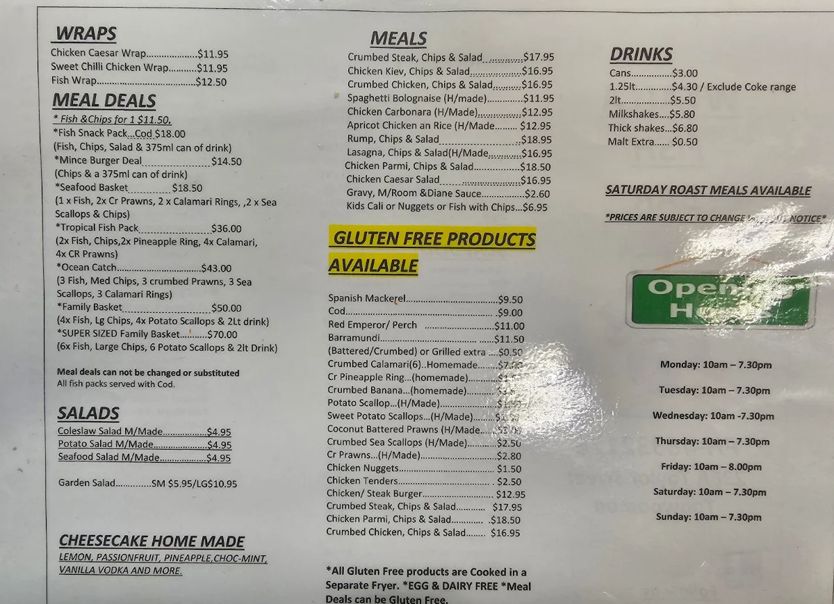 Menu, Wyalla fish bar