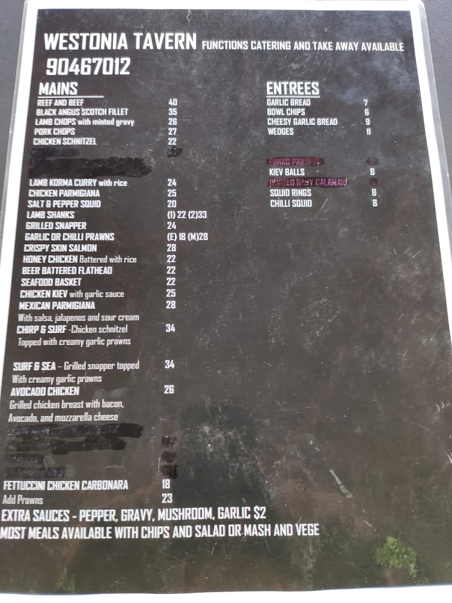 Menu, Westonia Tavern