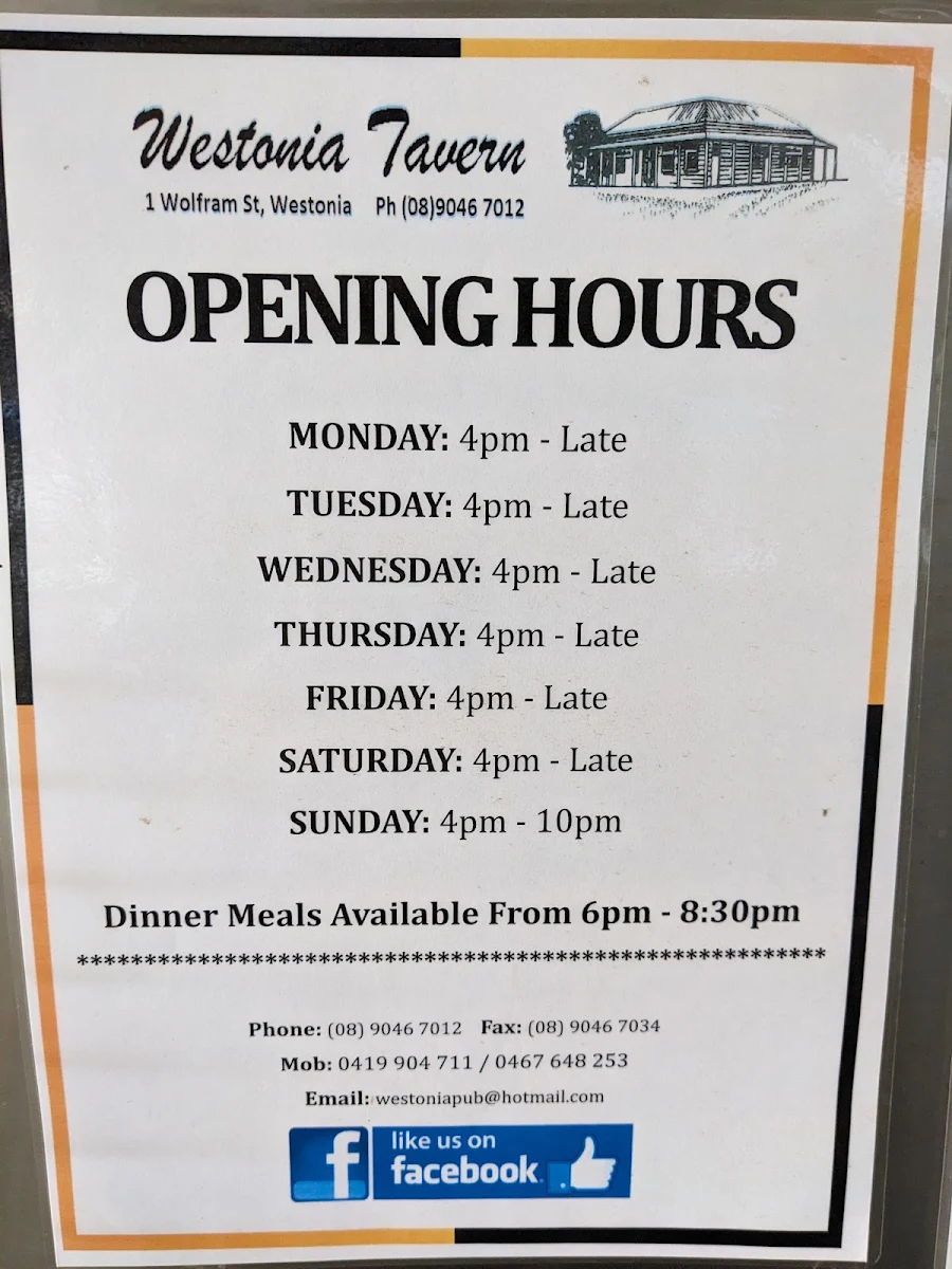 Menu, Westonia Tavern
