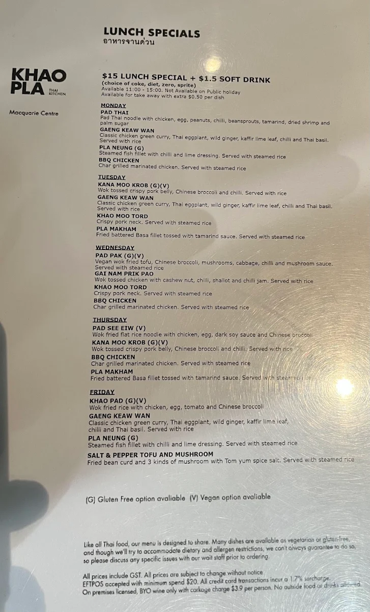 Menu, Khao Pla Macquarie Centre