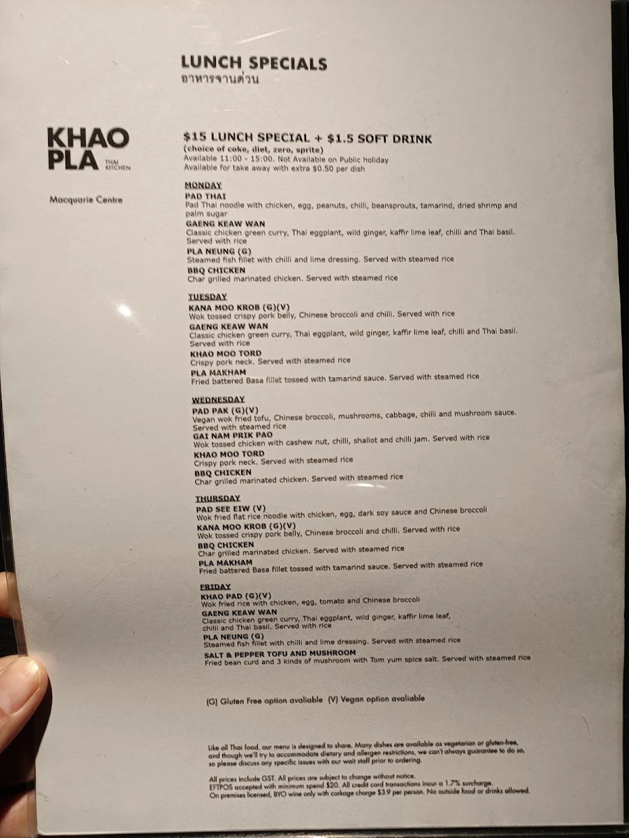 Menu, Khao Pla Macquarie Centre