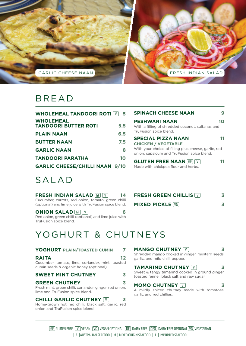 Menu, TruFusion Indian Bar & Grill