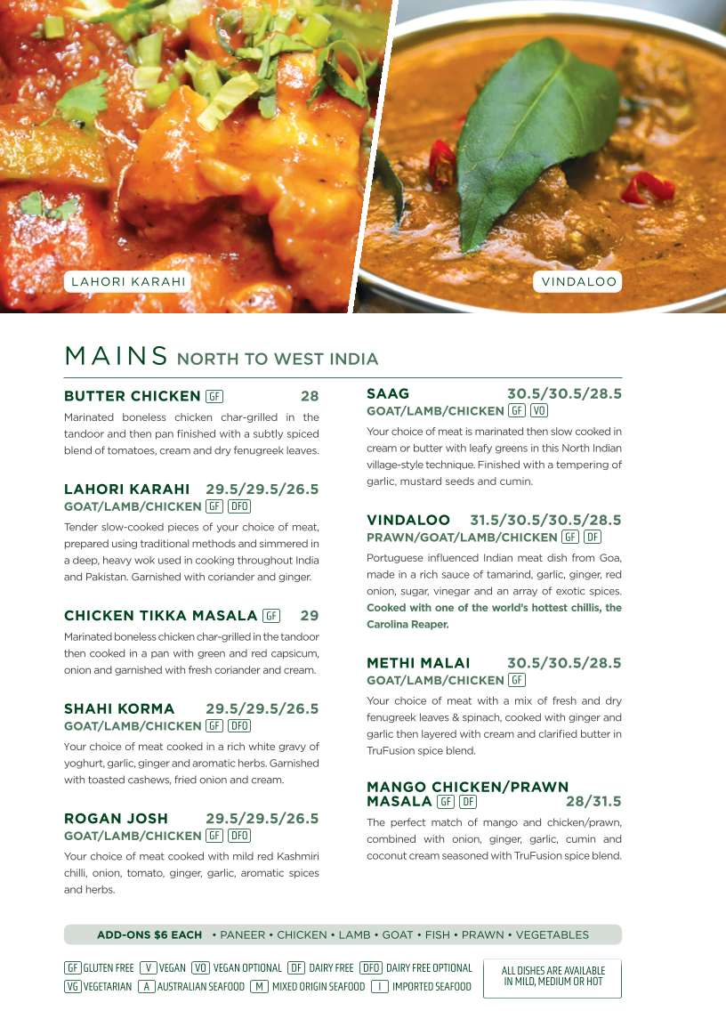 Menu, TruFusion Indian Bar & Grill