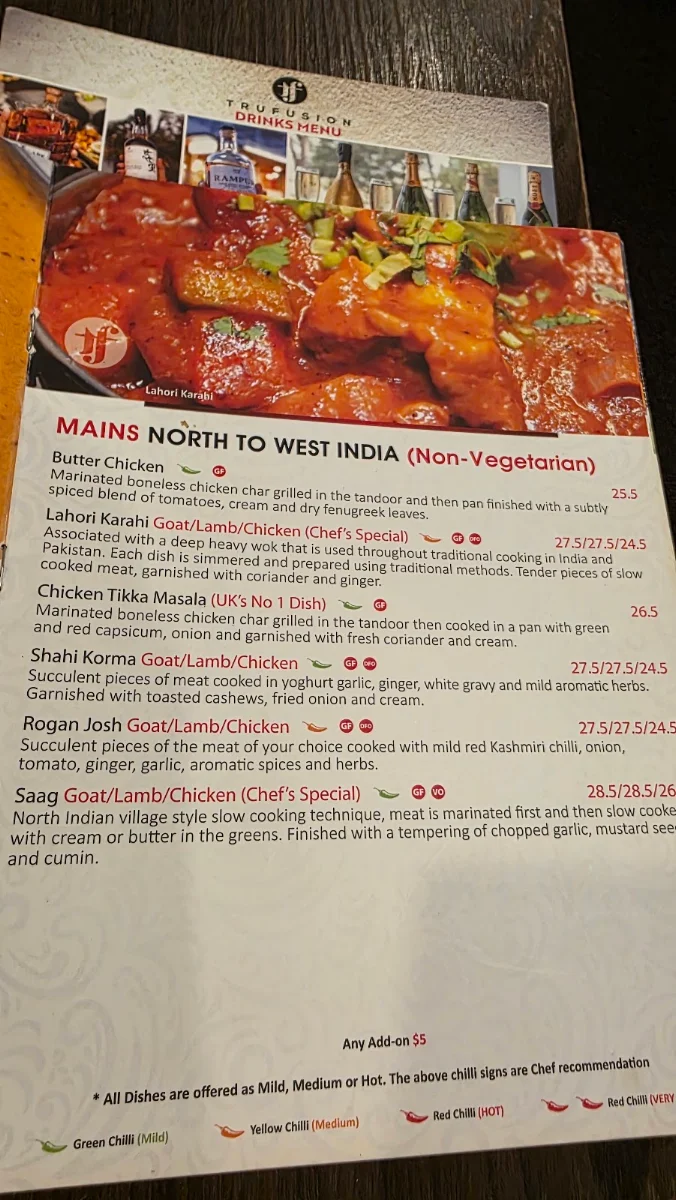 Menu, TruFusion Indian Bar & Grill