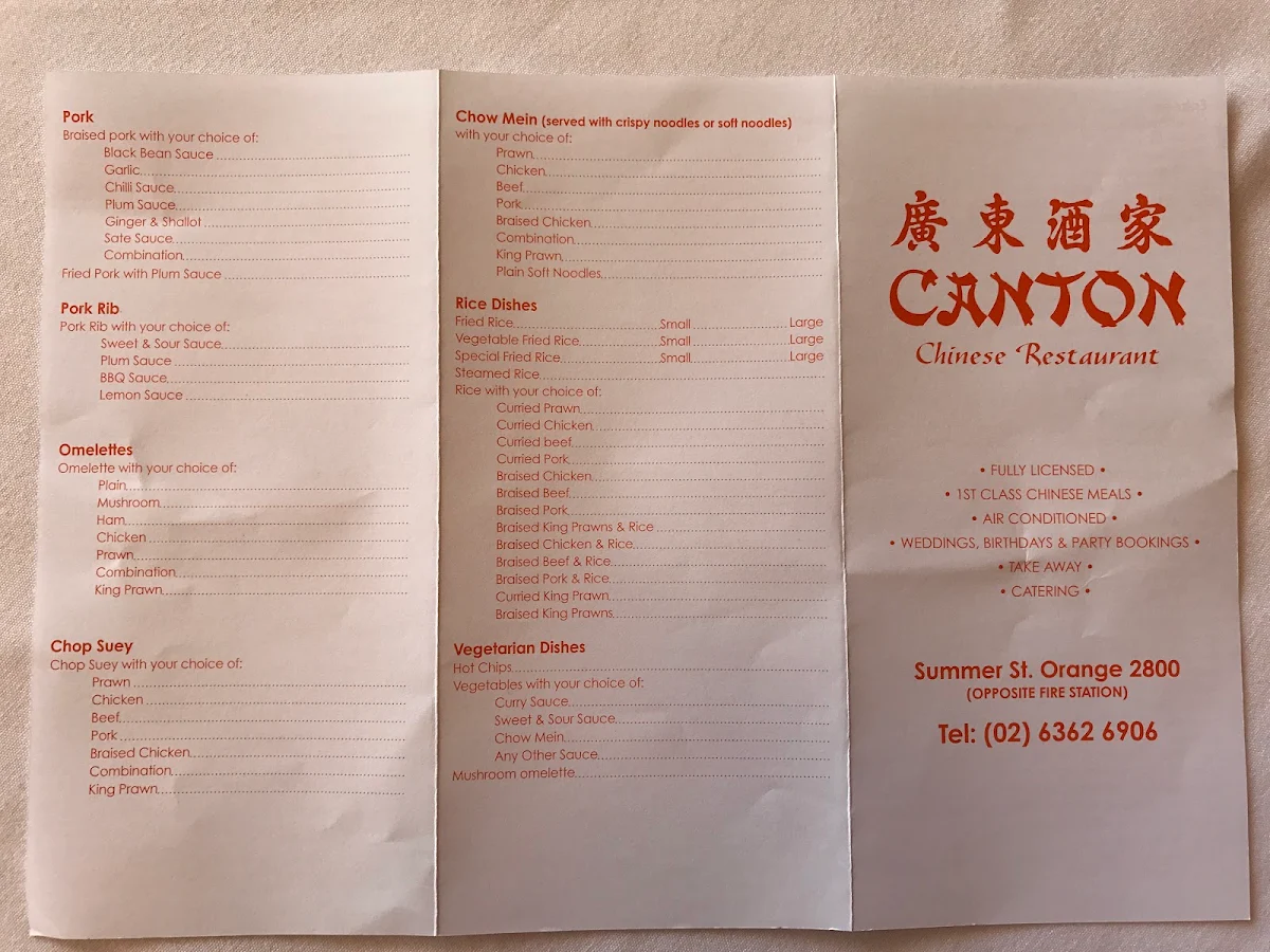 Menu, Canton Chinese Restaurant
