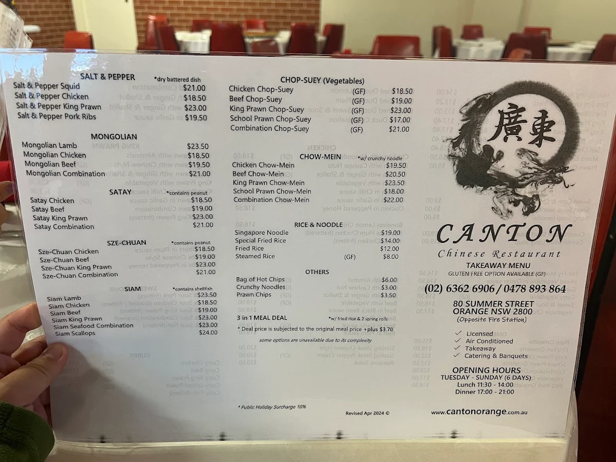 Menu, Canton Chinese Restaurant