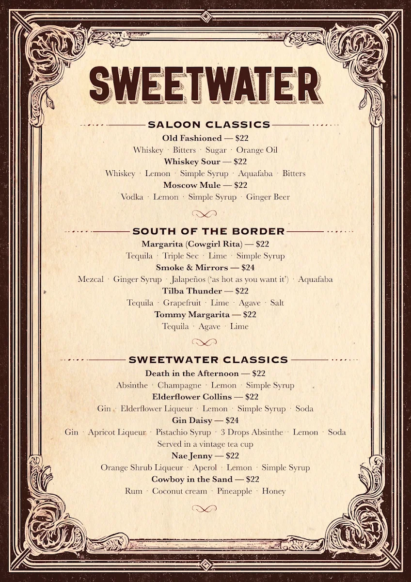 Menu, Sweetwater Tilba