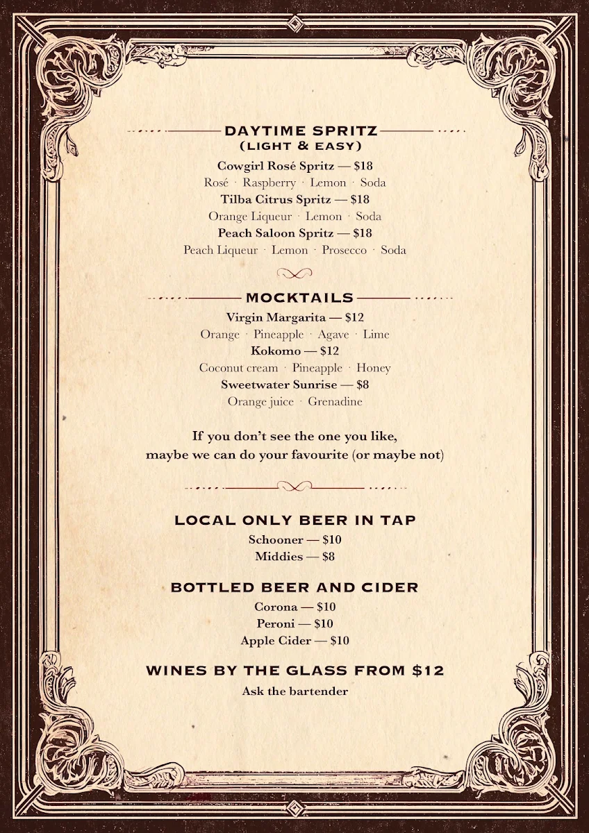 Menu, Sweetwater Tilba
