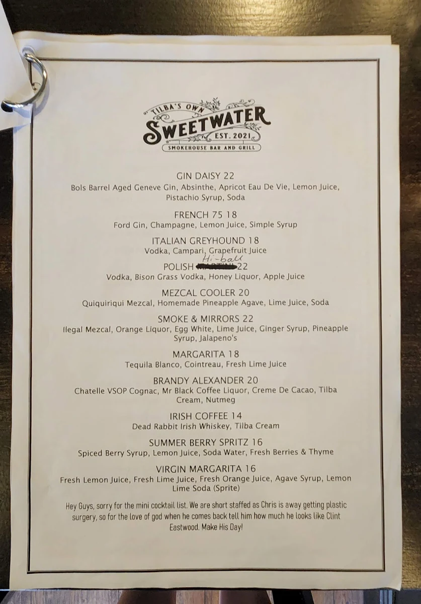 Menu, Sweetwater Tilba